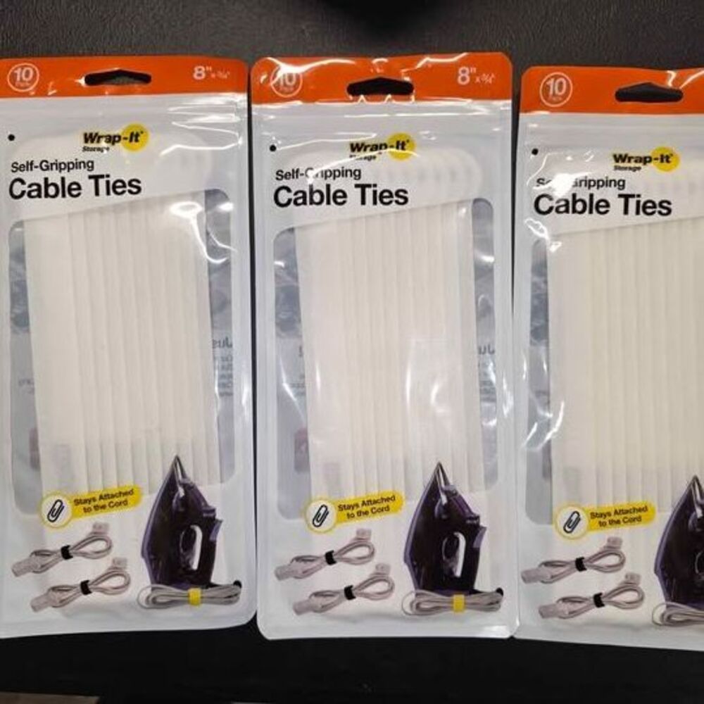 Set of 3: Wrap-It Storage, self-gripping Cable Ties 8"× 3/4", 10-Pack WHITE -NEW